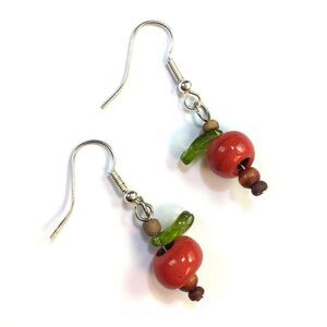 Persimmon Tomato Earrings Silver Tone Hooks Orange Wood Green Glass Leaf Beads